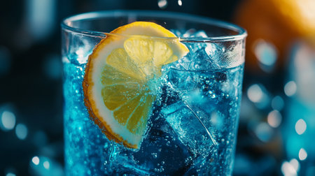 Cocktail with lemon and ice on a blue background. Close-up.の写真素材