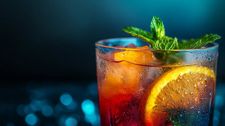 Cocktail with orange, mint and ice on a dark backgroundの写真素材