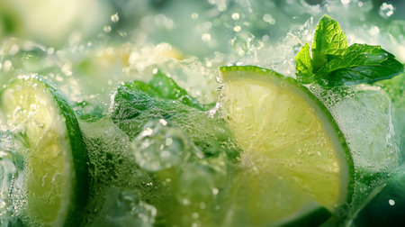 Mojito cocktail with lime, mint and ice. Close upの写真素材