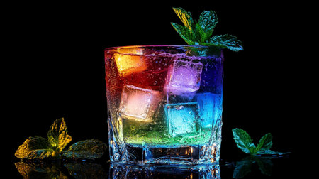 Cocktail with ice and mint on a black background with reflectionの写真素材