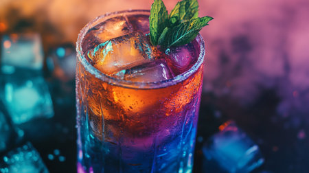 Cocktail with ice and mint on a dark background, selective focus.の写真素材