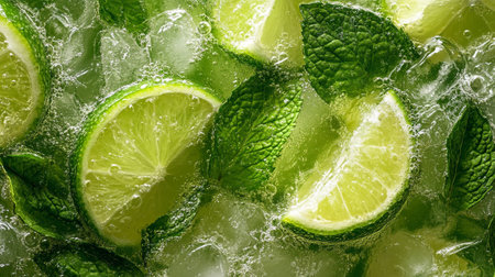 Mojito cocktail with lime and mint. Top view. Close up.の写真素材