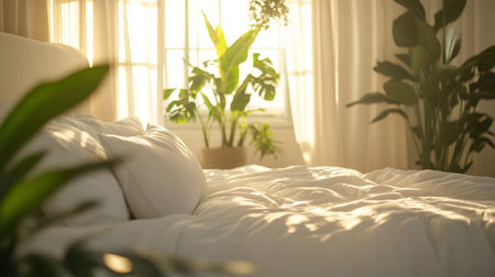 Comfortable white bed with pillows and green plants indoors, closeup