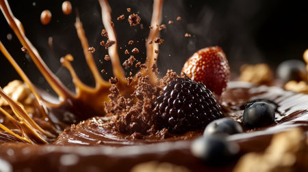 Chocolate cake with splashes and fruits on a black background.