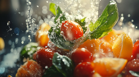 Fresh fruit salad with splashes of water on dark background, closeupの写真素材
