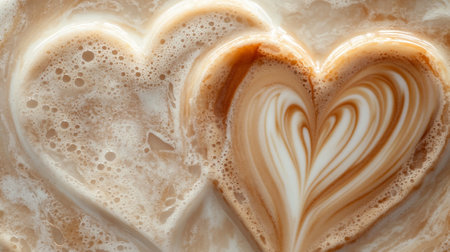 Coffee latte art heart shape on coffee foam background.の写真素材