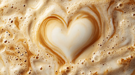 Coffee cappuccino texture with heart shape, top viewの写真素材