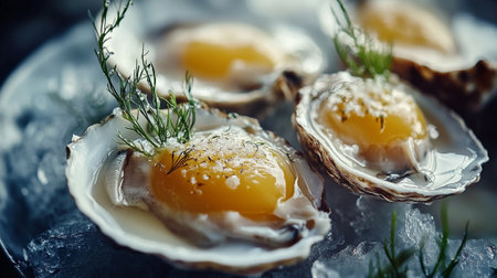 Fresh oysters with butter and dill on ice. Toned.の写真素材