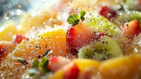Fresh fruit salad with water drops and splashes, close-up