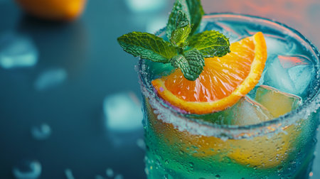 Cocktail with orange, mint and ice on a dark backgroundの写真素材