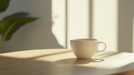 Coffee cup on wooden table in morning sunlight, stock photoの写真素材