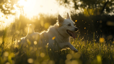 White swiss shepherd dog running on the grass in the sunset light