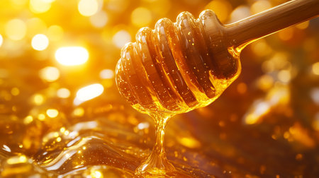 Honey dripping from a wooden honey dipper on a golden backgroundの写真素材