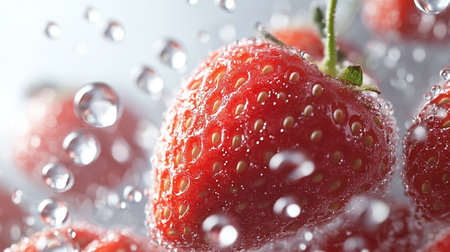 Strawberry in water with bubbles on a light background. Macroの写真素材