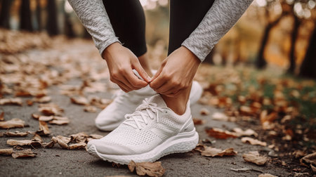 Close up of female hands tying shoelaces on white sneakers.