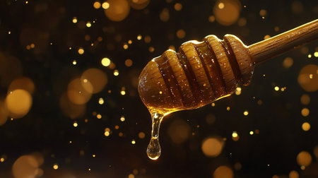 Honey dripping from a wooden honey dipper on a dark backgroundの写真素材
