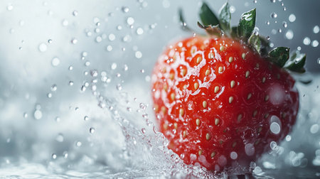 strawberry in water with drops on a gray background. macroの写真素材