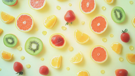 Fruit pattern with kiwi, grapefruit, orange, lemon, lime on yellow backgroundの写真素材