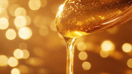 Honey dripping from a honey dipper over golden bokeh backgroundの写真素材