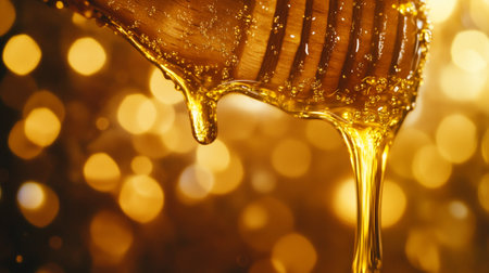 Honey dripping from a wooden honey dipper over golden lights background