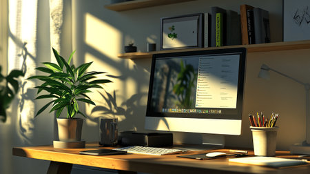 3D rendering of a creative designer desktop with a computer and decorationsの写真素材