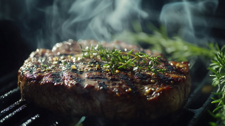 Beef steaks on the grill with smoke and herbs closeupの写真素材