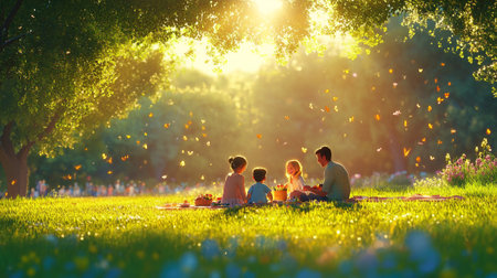 Happy family having picnic in summer park. Mother, father and children sitting on green grass.の写真素材