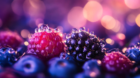 Close up of raspberries and blueberries with blurred backgroundの写真素材