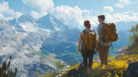 Hiking couple with backpacks looking at the beautiful view of mountainsの写真素材