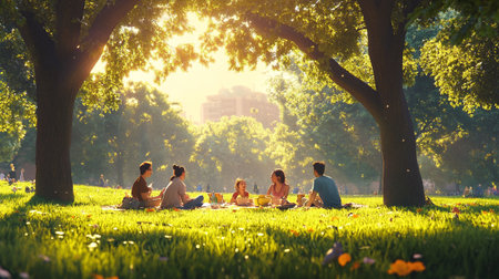 Group of friends having picnic in the park at sunset. People sitting on the grass and talking.の写真素材