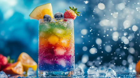 Mojito cocktail with blueberry, orange and strawberry on blue backgroundの写真素材