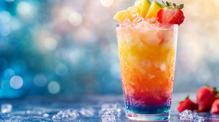 Cocktail with strawberry, pineapple and ice on a blue backgroundの写真素材