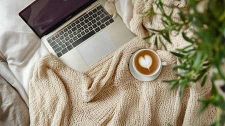 Cup of coffee and laptop on bed with warm knitted plaidの写真素材