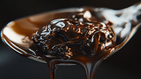 close up of a spoon of chocolate syrup on a black background.の写真素材