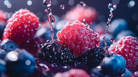 Falling drops of water on fresh berries. Blueberries, raspberries and blackberriesの写真素材