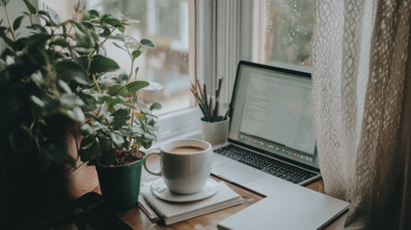 Coffee cup and laptop on the table near the window.