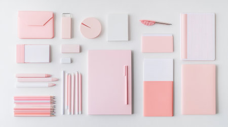 Flat lay of pink stationery on white background, top viewの写真素材