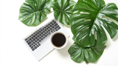 Laptop computer and coffee cup with monstera leaves on white backgroundの写真素材