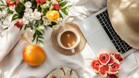 top view of laptop with cup of coffee and fresh figs on bed