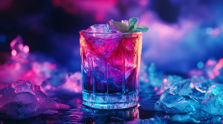 Cocktail with ice and mint on a dark background. Selective focus.