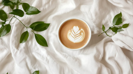 Coffee cup with latte art on white bed background.の写真素材