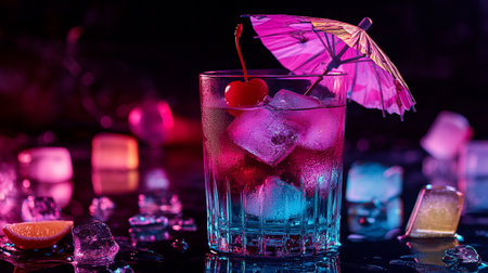 Cocktail with cherry and ice cubes on a black background.の写真素材