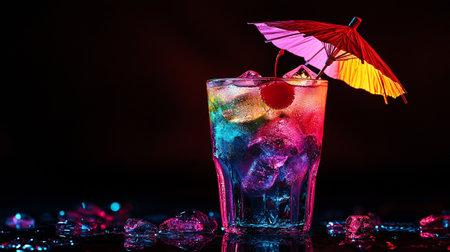Cocktail with ice cubes and umbrella on a black background.