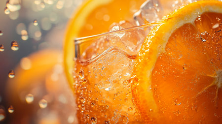 Closeup of a glass of fresh orange juice with ice cubes.の写真素材