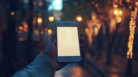 Woman hand holding smart phone with blank screen on bokeh backgroundの写真素材