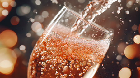 Champagne pouring into glass on bokeh background, close upの写真素材