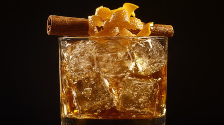 whiskey with ice cubes and cinnamon sticks on a black backgroundの写真素材