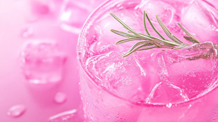 Cocktail with rosemary and ice cubes on a pink backgroundの写真素材