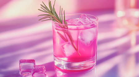 Glass of pink cocktail with rosemary and ice cubes on pink background
