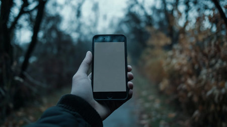 Hands of a man holding a smartphone with blank screen in the autumn forestの写真素材